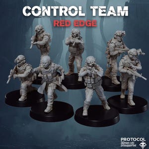 May include: A set of seven 32mm scale miniature figures, painted in a grey primer, depicting a control team with the text "Control Team Red Edge" at the top of the image. The figures are posed in various action stances, holding weapons and wearing tactical gear.