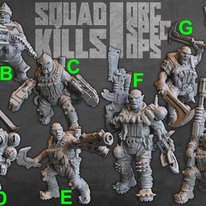 May include: A collection of grey miniature figures of Orcs, each armed with various weapons, including rifles, blades, and heavy artillery. The figures are in dynamic poses, suggesting action. The text "SQUAD ORC KILLS SPECOPS" is visible.