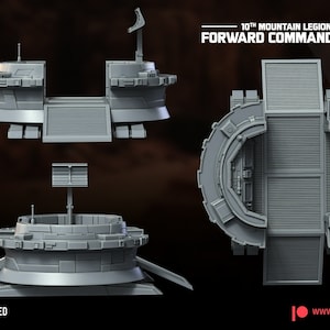 May include: A 3D printed model of a futuristic command post, with a grey colour scheme and a detailed design. The model is labelled "10th Mountain Legion Forward Command Post" and is part of the "Assault on Clank Mountain" series.