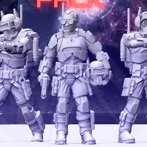 May include: Three gray plastic figures of soldiers wearing futuristic armor and helmets. The figures are posed in different stances, with one holding a helmet in their hand.