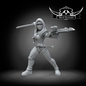 May include: A gray plastic miniature figurine of a female character wearing a hooded cloak, a mask, and a futuristic outfit. She is holding a futuristic rifle in one hand and a sword in the other. The figurine is posed in a dynamic action pose. The text "Black Remnant" is visible in the background.
