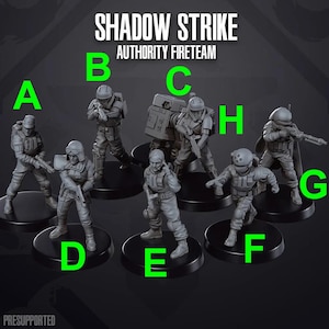 Könnte beinhalten: Ein Set mit 8 grauen Plastik-Miniaturfiguren, die eine Soldaten-Einheit darstellen, mit dem Text "SHADOW STRIKE AUTHORITY FIRETEAM" darüber. Die Figuren stehen auf runden Sockeln und jede Figur ist mit einem Buchstaben von A bis H gekennzeichnet.