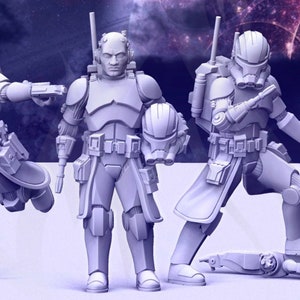 May include: Three grey plastic action figures of clone troopers from the Star Wars universe. The figures are in different poses, one holding a helmet.