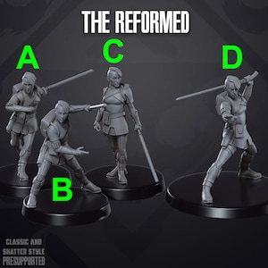 Puede incluir: Cuatro figuras en miniatura grises impresas en 3D de personajes femeninos con sables de luz. Las figuras están etiquetadas con A, B, C y D. El texto "THE REFORMED" está en la parte superior de la imagen. El texto "CLASSIC AND SHATTER STYLE PRESUPPORTED" está en la parte inferior de la imagen.