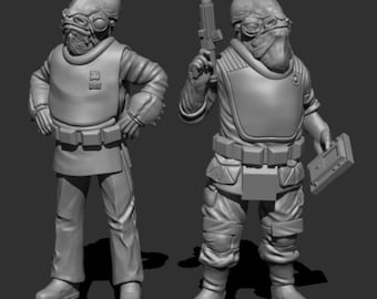 May include: Two gray, detailed, 3D printed figures of a fictional alien species. The figures are wearing futuristic clothing and carrying weapons.