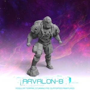 May include: A gray, detailed, pre-supported miniature of a futuristic soldier wearing a helmet and armor. The miniature is standing on a rocky base. The background is a purple and gray nebula.