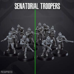 Op de afbeelding: Een set van tien grijze plastic miniatuurfiguurtjes van Star Wars kloonstrijders, staande op zwarte ronde bases. De figuurtjes houden blasters vast en staan in verschillende actieve poses. De tekst "SENATORIAL TROOPERS" staat bovenaan de afbeelding.