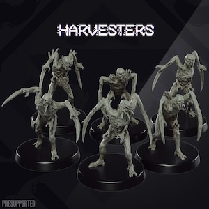 May include: A set of six grey, detailed, 3D printed miniature figures of grotesque, winged creatures with the word "HARVESTERS" in a pixelated font above them.