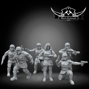 May include: A group of six gray plastic miniature figures, depicting a futuristic military squad. The figures are posed in various action stances, holding weapons and other accessories. The figures are standing on a black background.