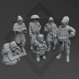 May include: A set of six grey painted miniature figurines, each depicting a different character. The figurines are posed in various stances and include a hooded figure, a figure with a hat and a long coat, a figure with a hat and a short coat, a figure with a hat and a long coat, a figure with a hat and a short coat, and a figure with a hat and a long coat.