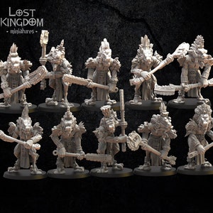 May include: Ten unpainted miniature figurines of humanoid figures with reptilian features, wearing feathered headdresses and holding various weapons. The figures are posed in a variety of stances and are ready to be painted.