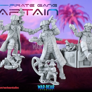 May include: Three gray plastic figurines of a space pirate captain with a long coat and a helmet. The captain is shown in three different poses, one standing, one sitting, and one riding a small vehicle. The figures are part of a pirate gang.