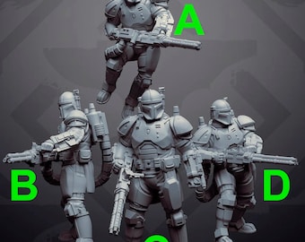 May include: Four gray plastic figures of a futuristic soldier with a helmet and a weapon. The figures are posed in different action stances. The figures are labeled A, B, C, and D.