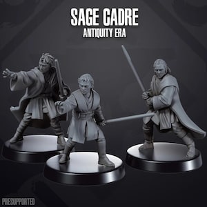 May include: Three grey plastic figurines of people wearing robes and holding lightsabers. The figures are standing on black circular bases. The text "SAGE CADRE ANTIQUITY ERA" is at the top of the image.