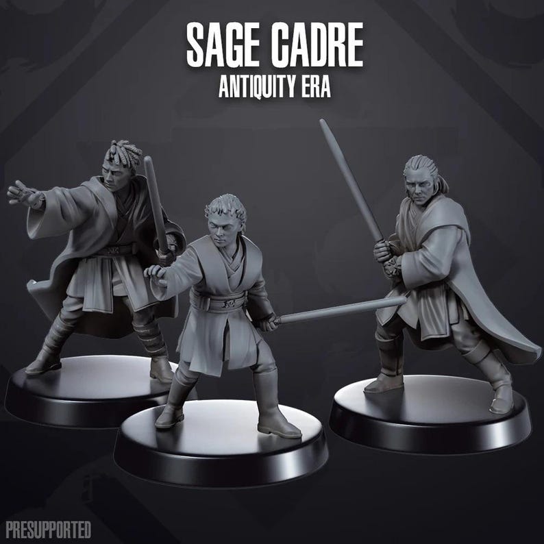 May include: Three grey plastic figurines of people wearing robes and holding lightsabers. The figures are standing on black circular bases. The text "SAGE CADRE ANTIQUITY ERA" is at the top of the image.