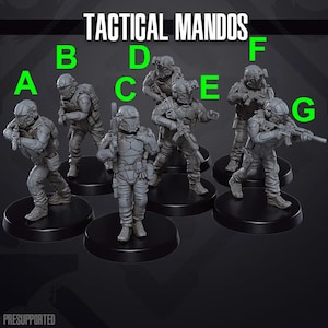 Puede incluir: Siete figuras en miniatura de plástico gris de soldados, cada una con un arma, de pie sobre bases redondas negras. Las figuras están etiquetadas de la A a la G. El texto "Tactical Mandos" está en la parte superior de la imagen.