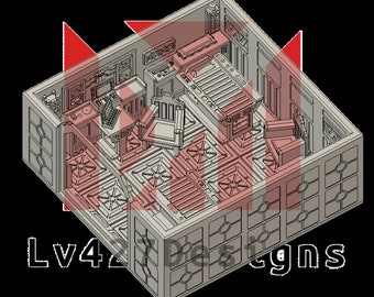 Può includere: Un modello stampato in 3D di un interno di una stanza con una scrivania, sedie e altri mobili. La stanza è progettata per un gioco di ruolo da tavolo. Il modello è realizzato in plastica grigia e ha un design dettagliato.