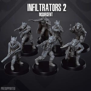 Può includere: Un set di sette miniature in plastica grigia di creature simili a lupi con tratti umani. Le miniature sono in varie pose d'azione, tenendo armi come fucili e pistole. Le miniature sono etichettate "Infiltrators 2 Insurgent".