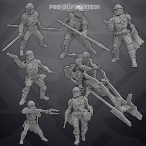 May include: A set of seven grey plastic figurines of a Mandalorian character from the Star Wars franchise. The figurines are pre-supported and ready to be painted. The text "PRE-SUPPORTED!" is visible in the image.