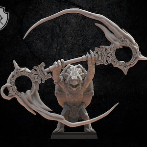 May include: A gray, detailed miniature of a turtle-like creature holding a double-bladed weapon with ornate designs. The weapon has two circular rings with intricate carvings.