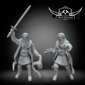 Può includere: Due figure in miniatura dipinte di grigio di uomini con lunghe barbe, uno tiene una spada e l'altro una pistola blaster. Le figure indossano lunghe vesti e sono in piedi su uno sfondo nero. Il testo "Black Remnant" è visibile sullo sfondo.