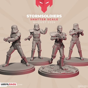 May include: Four grey plastic miniature figures of Stormtroopers from the Star Wars franchise. The figures are posed in various action stances and are holding weapons. The figures are standing on circular bases. The text "STORMSOLDIERS SHATTER SCALE AUGUST 2024" is displayed at the top of the image.