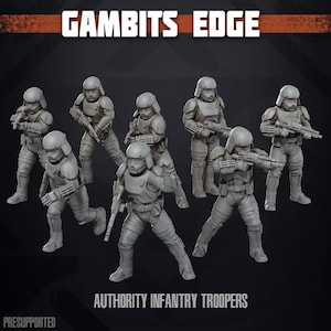May include: A set of seven grey miniature figures titled GAMBITS EDGE AUTHORITY INFANTRY TROOPERS. Each figure wears a helmet with a visor and full body armour, and holds a rifle. The figures are posed in various combat stances.