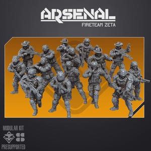 Puede incluir: Un conjunto de doce figuras de soldados en miniatura de color gris con equipo táctico, algunos con sombreros de vaquero o cascos, sosteniendo rifles. La imagen muestra el texto ARSENAL FIRETEAM ZETA arriba y MODULAR KIT PRESUPPORTED abajo.
