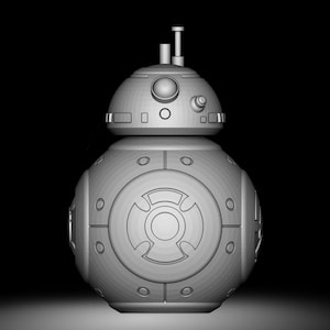 Peut inclure: Un robot sphérique gris avec une tête ronde et une seule antenne. Le robot a un grand panneau circulaire sur le devant avec un motif en forme de croix.