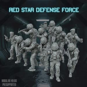 Può includere: Un gruppo di statuette di soldati in miniatura grigie intitolato RED STAR DEFENSE FORCE. Le figure indossano equipaggiamento tattico, caschi e portano vari fucili e pistole. Alcuni soldati hanno il volto scoperto e indossano baschi.