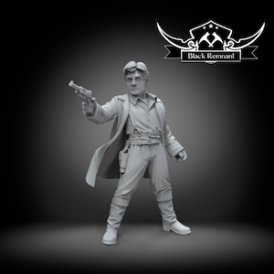 May include: A gray figurine of a person holding a gun, wearing a long coat, shirt, pants, and boots. The figurine has a holster and suspenders. The text "Black Remnant" is above the figurine.