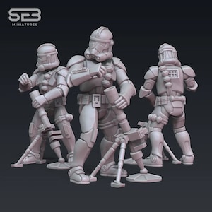 May include: Three gray plastic action figures of soldiers holding a mortar. The figures are posed in a combat stance, with one figure aiming the mortar.