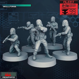 May include: Five grey plastic miniature figures of soldiers wearing gas masks and holding rifles. The figures are standing on round bases. The figures are part of a set called "SKULLFORGE".
