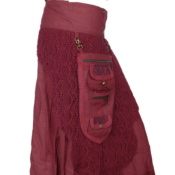 Old Maroon Steampunk Wrap Skirt in Cotton a Victorian/Edwardian style with Detachable Purse