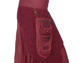 Wrap Skirt in Old Maroon Cotton, Victorian/Edwardian style with a Detachable 3 Pocket Purse. SKU:1040-1041-
