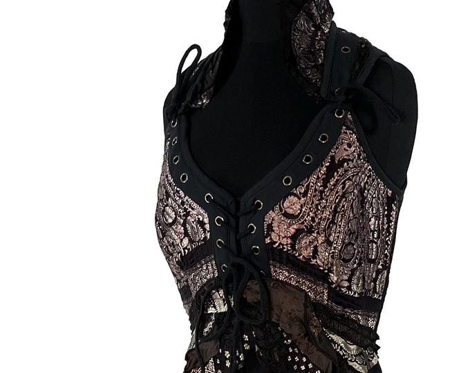 S. Sophia Corset Dress with Hi-Low tiered bustle skirt in brown & purple Vintage Silk brocade.   SKU:2000-8516