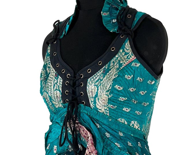 XL. Sophia Corset Dress with Hi-Low tiered bustle skirt in Vintage Silk Brocade SKU:2000-8563