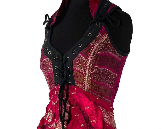 S. Sophia Corset Dress with Hi-Low tiered bustle skirt in Vintage Silk brocade.   SKU:2000-8523