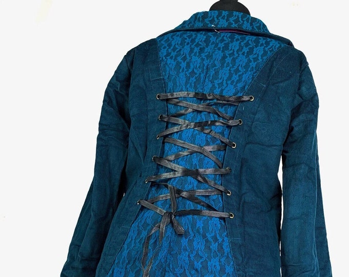 Aqua Blue Pirate Corduroy Tailcoat. Fleece lined with brass poppers and pockets. Corsetage at back for adjustable sizing. SKU:548