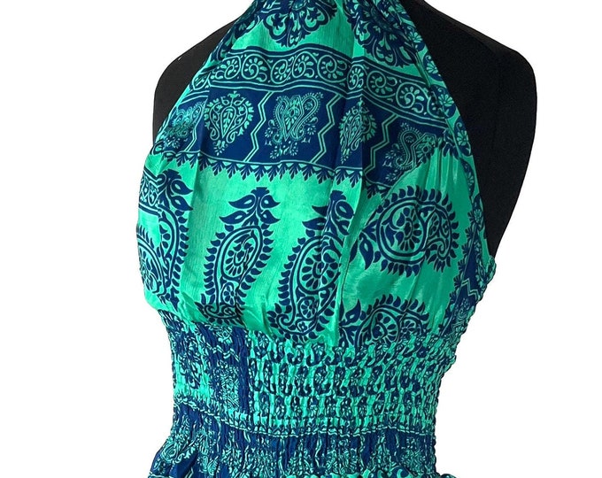 Sadie Silk Pixie Fantasy Dress a One Size Goddess Dress, Hippie Boho Summer Halter Dress with a ruched skirt. SKU:1031-8384