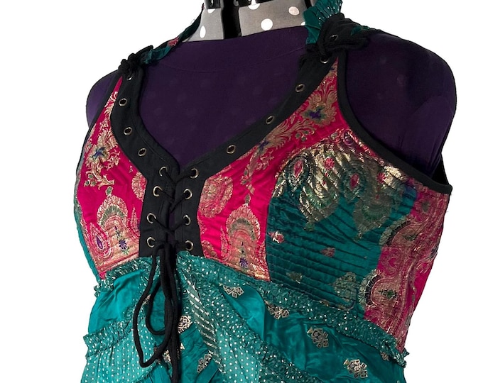 6XL. Sophia Corset Dress with Hi-Low tiered skirt in Silk brocade. Handmade Renaissance Festival Steampunk SKU:2000-8508