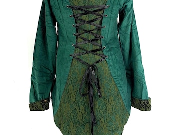 Handmade Green Corduroy Steampunk Tailcoat, Fleece Lined, Laced Back (SKU:548)