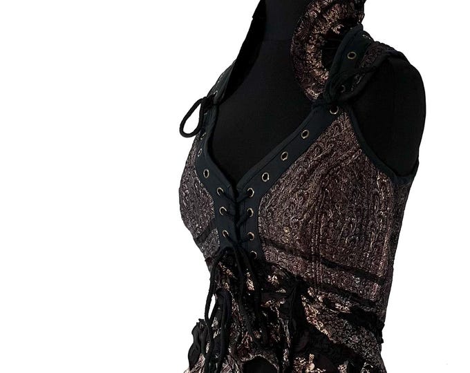 S. Sophia Corset Dress with Hi-Low tiered bustle skirt in Vintage Silk brocade.   SKU:2000-8521
