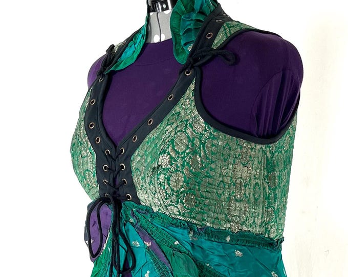 4XL. Sophia Corset Dress with Hi-Low tiered skirt in Silk brocade. Handmade Renaissance Festival Steampunk SKU:2000-8578