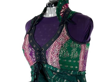 3XL. Sophia Corset Dress with Hi-Low tiered skirt, handmade from Vintage Silk Brocade. Renaissance Festival Steampunk SKU:2000-8597