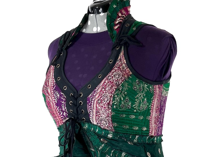 3XL. Sophia Corset Dress with Hi-Low tiered skirt, handmade from Vintage Silk Brocade. Renaissance Festival Steampunk SKU:2000-8597