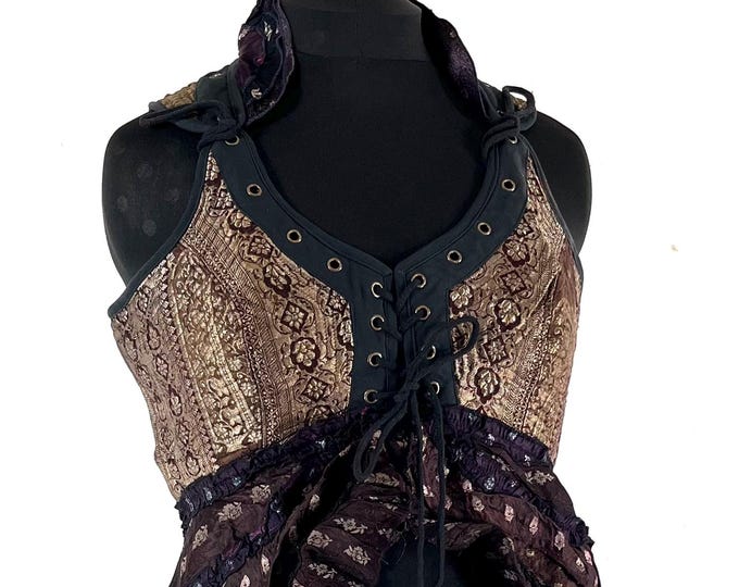 3XL. Sophia Corset Dress with Hi-Low tiered skirt, handmade from Vintage Silk Brocade. Renaissance Festival Steampunk SKU:2000-8769