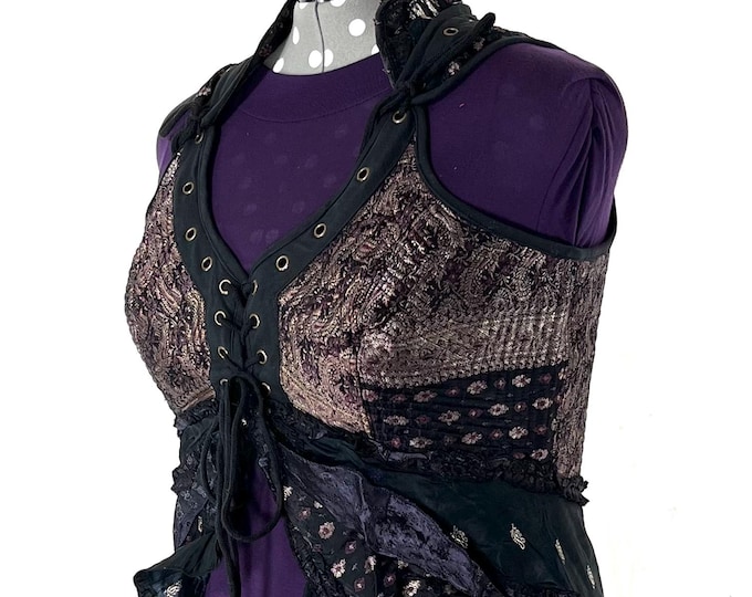 3XL. Sophia Corset Dress with Hi-Low tiered skirt in Vintage Silk Brocade. Handmade Renaissance Festival Steampunk SKU:2000-8591