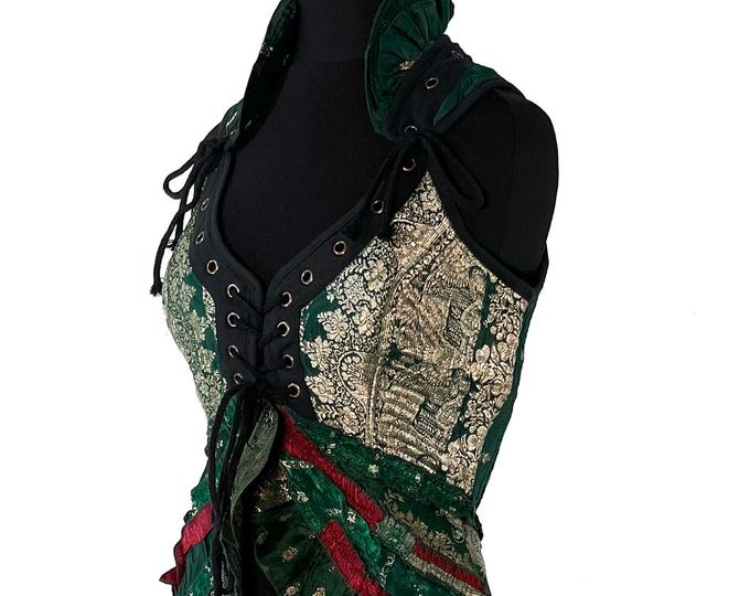 S. Sophia Corset Dress with Hi-Low tiered bustle skirt in Vintage Silk brocade.   SKU:2000-8520