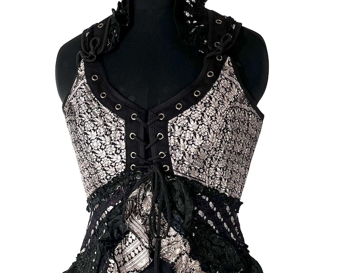 XL. Sophia Corset Dress with Hi-Low tiered bustle skirt in Vintage Silk Brocade SKU:2000-8562
